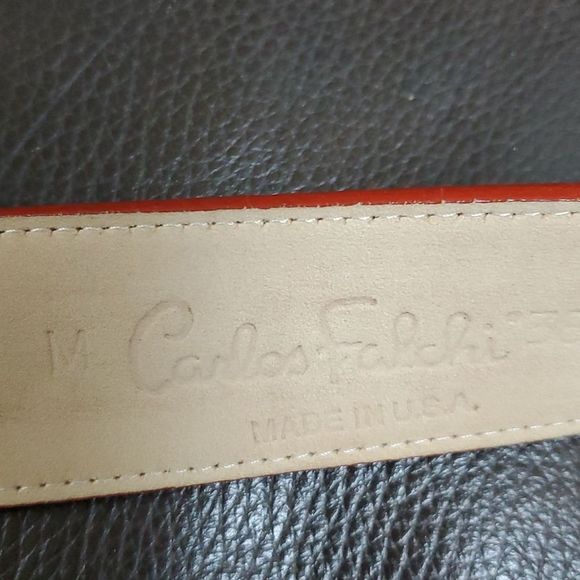 Authentic Red leather gold buckle Carlos Falchi belt M Medium - Picture 2 of 3